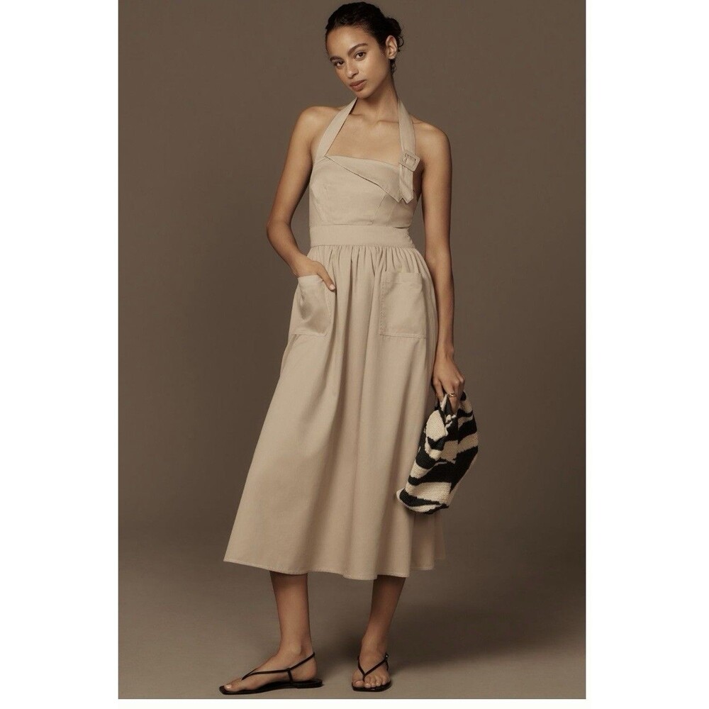 Anthropologie Porridge Halter Preppy Utility Midi Dress Sz Md Taupe